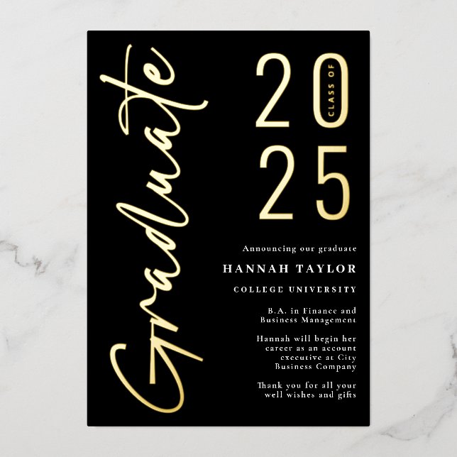 Moderne Black Gold 2025 Faire-part de graduation (Recto)