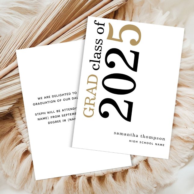 Moderne Black Gold 2025 Faire-part de graduation (front and back view)