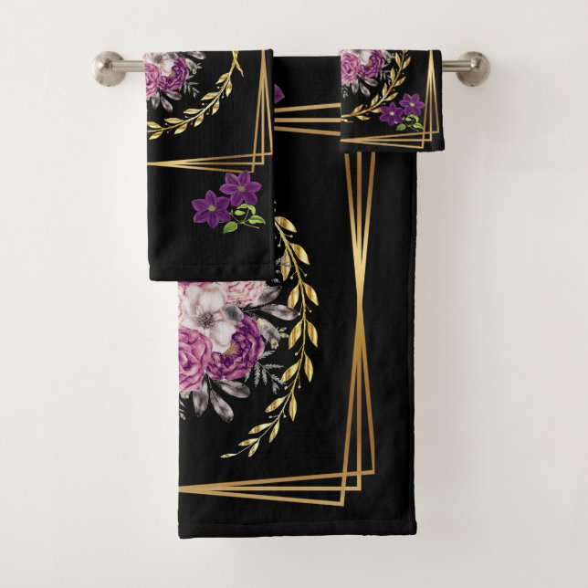 Moderne Black Gold violet Floral tendance serviett (En situation)
