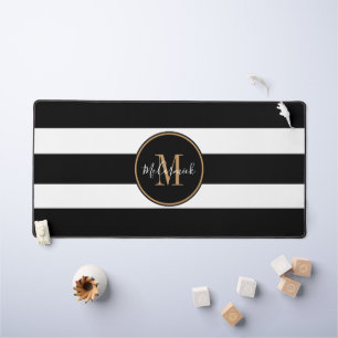 Moderne Black White Stripes Gold Monogramme Nom