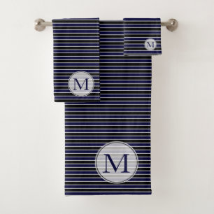Moderne Bleu foncé Bleu noir rayures Monogramme