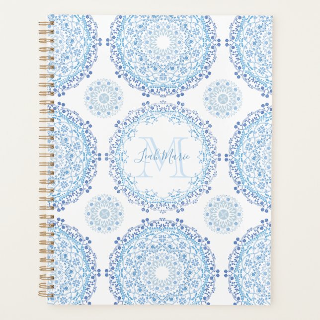 Moderne Bleu Mandala Monogramme Chic (Devant)