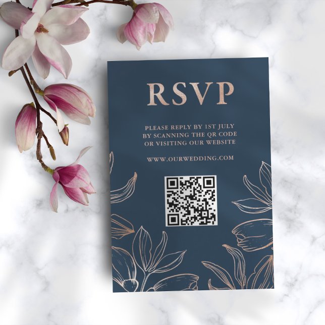 Moderne Bleu & Rose Gold Foliing RSVP QR Mariage (Créateur téléchargé)