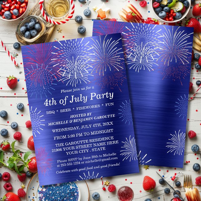 Moderne Blue 4 juillet Fireworks BBBQ Invitation (Modern Blue 4th of July Fireworks BBQ Invitation)
