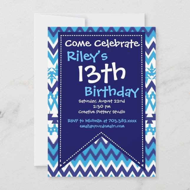 Moderne Blue Chevron Invitations de fête d'anniver (Devant)