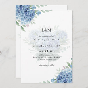 Moderne Blue Hydrangea Floral Faire-part de mariag
