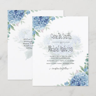 Moderne Blue Hydrangea Floral Faire-part de mariag