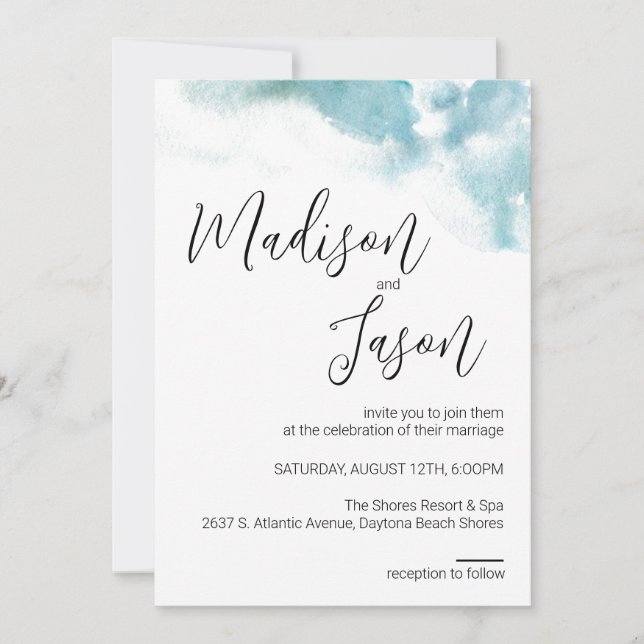 Moderne Blue Watercolor Plage Mariage Invitation (Devant)