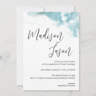 Moderne Blue Watercolor Plage Mariage Invitation