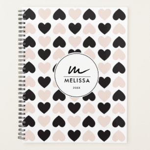 Moderne Blush rose noir Coeurs d'amour Monogramme