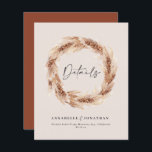 Moderne boho grange pampas herbe détails mariage<br><div class="desc">Moderne bohème rustique grange naturelle pampas herbe élégante carte de détails mariage. Moderne sur le texte de script tendance et rouille / terracotta / fond orange brûlé.</div>