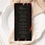 Moderne Bourgogne Or Agate Mariage foncé Menu<br><div class="desc">Cet élégant menu mariage moderne comprend un arrière - plan d'agate bordeaux aquarelle orné d'une fausse parties scintillant dorée. Le texte apparaît dans une écriture manuscrite élégante de couleur or et des polices de cuivre sur un rectangle non noir. La conception de l'agate est répétée à l'envers.</div>