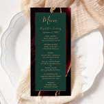 Moderne Bourgogne Or Agate Vert Mariage Menu<br><div class="desc">Cet élégant menu mariage moderne comprend un arrière - plan d'agate bordeaux aquarelle orné d'une fausse parties scintillant dorée. Le texte apparaît dans une écriture manuscrite élégante de couleur or et des polices de cuivre sur un rectangle vert émeraude. La conception de l'agate est répétée à l'envers.</div>