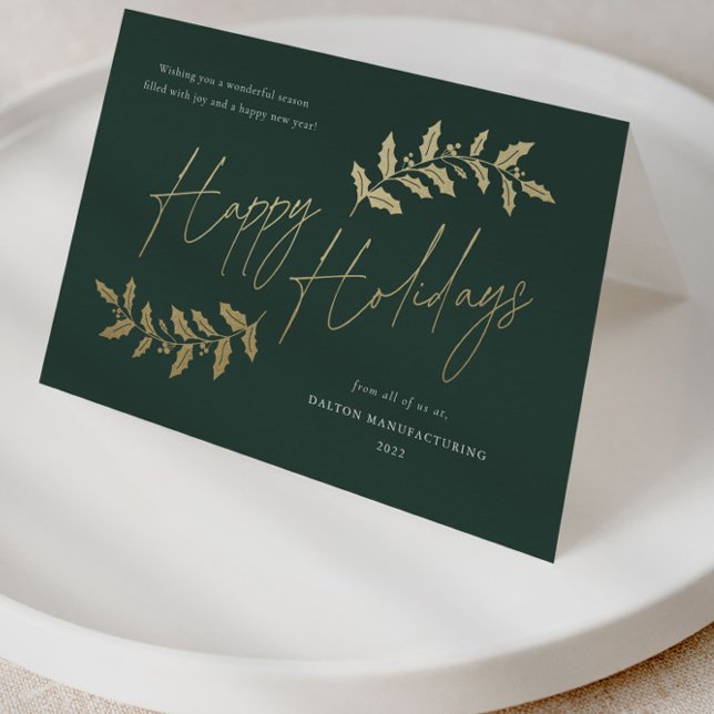 Moderne carte d'affaires Joyeuses Fêtes en écritur (Elegant gold and green script business holiday cards.)