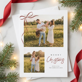 Moderne carte de Noël avec ruban rouge et 2 photos
