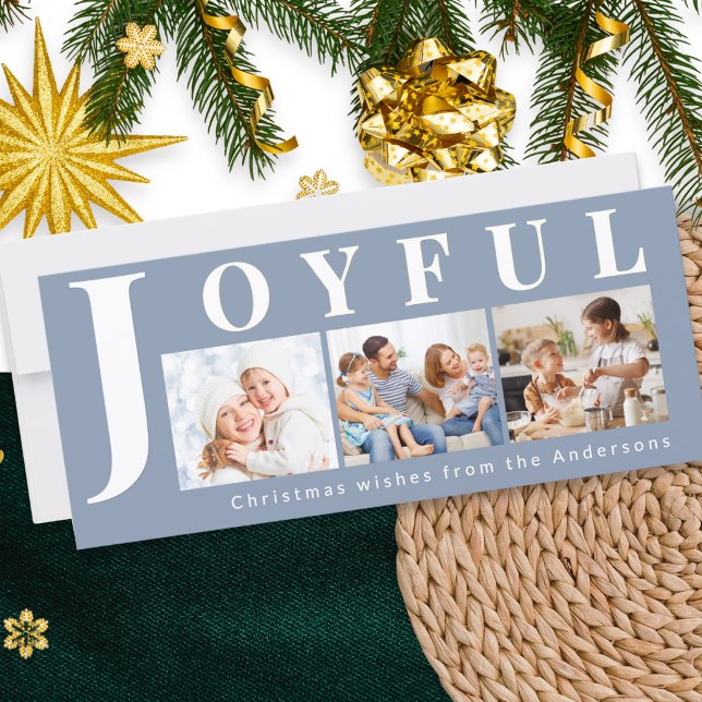 Moderne carte de Noël multi-photos Joyeuse Bleu Ar (A modern Christmas holiday card with 'Joyful' message, collage of 3 family photos, and custom text)