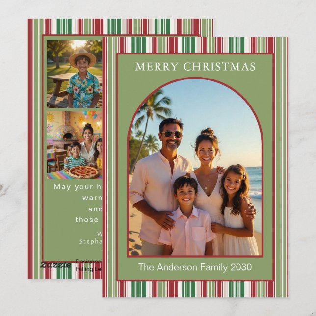 Moderne carte de Noël multiphoto famille rayures r (Devant / Derrière)