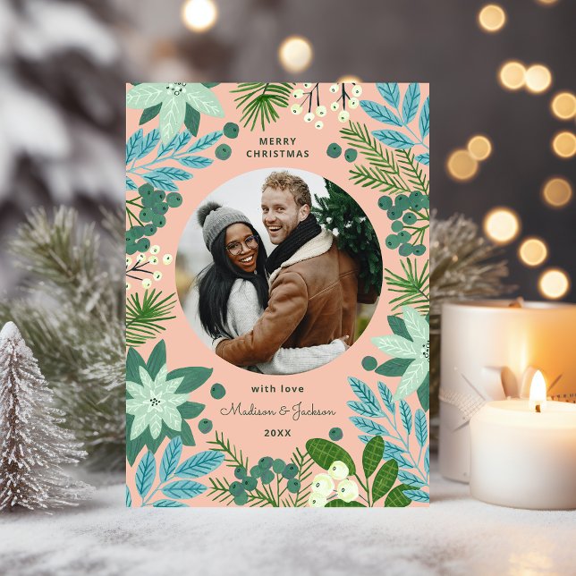 Moderne carte de Noël photo Fleurs rose pastel (Modern Pink Floral Merry Christmas Photo Holiday Card)