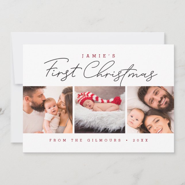 Moderne carte de Noël pour bébé avec 3 photos roug (Devant)