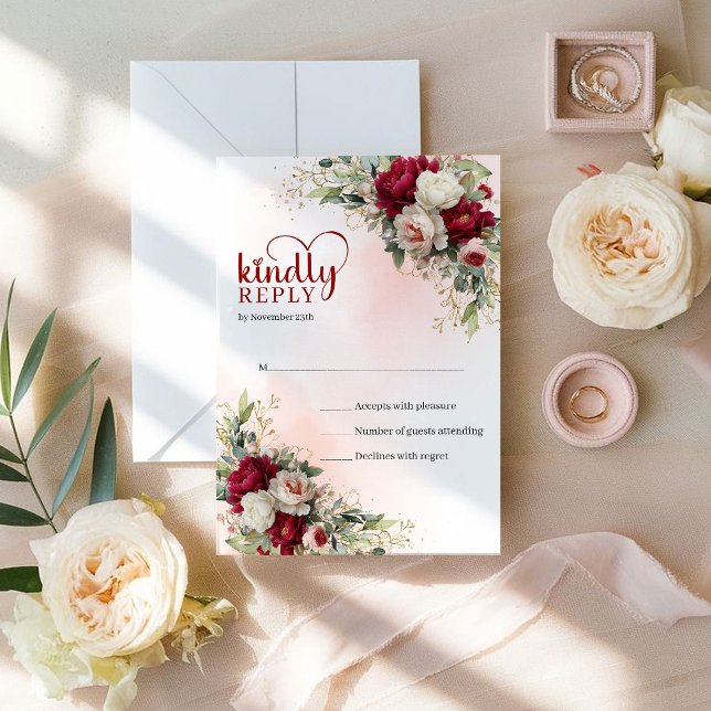 Moderne carte de réponse de mariage florale dorée  (Modern Bohemian Dark Red Gold Floral Wedding RSVP)