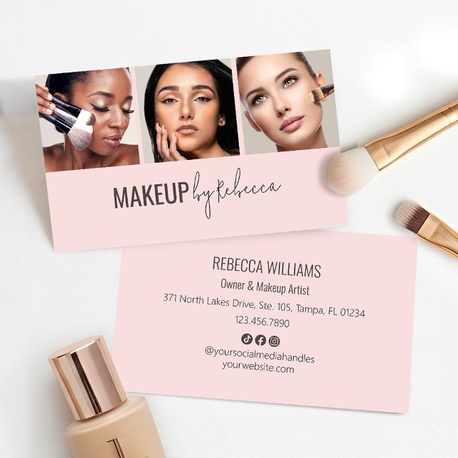 Moderne Carte de Visite Rose Pâle avec 3 Photos et (Modern and minimal 3 photo blush pink design - fully customizable for your makeup business)