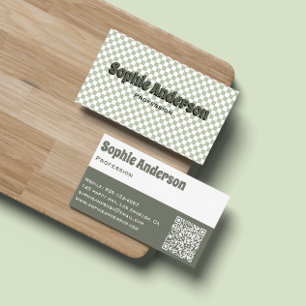 Moderne Carte de Visite Vert Sage à Damier avec Co