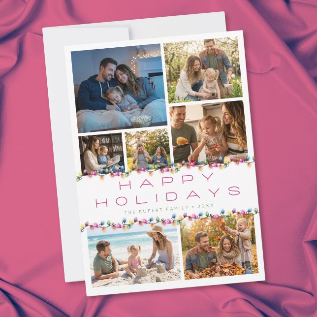 Moderne carte de vœux Joyeuses Fêtes avec 7 photos (Modern 7 Photo Collage Happy Holidays Lights Holiday Card)