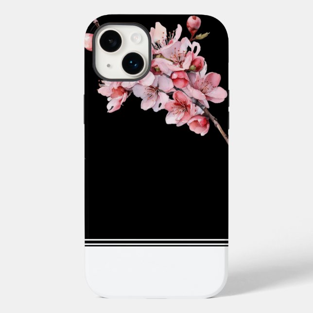 Moderne Cerise Blossom Black iPhone 14 Plus Coque (Verso)