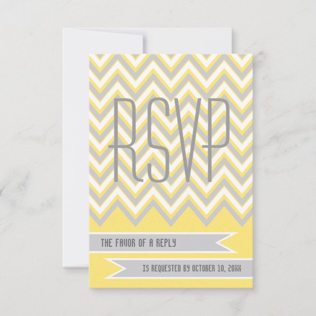 Moderne chevron gris, mariage jaune RSVP (Devant)
