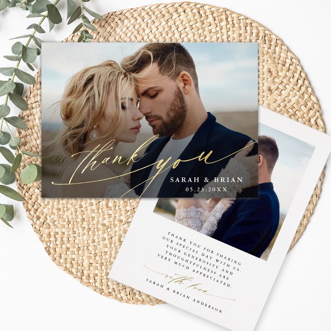Moderne Chic 2 Photo Gold Carte de remerciements (Front & Back)
