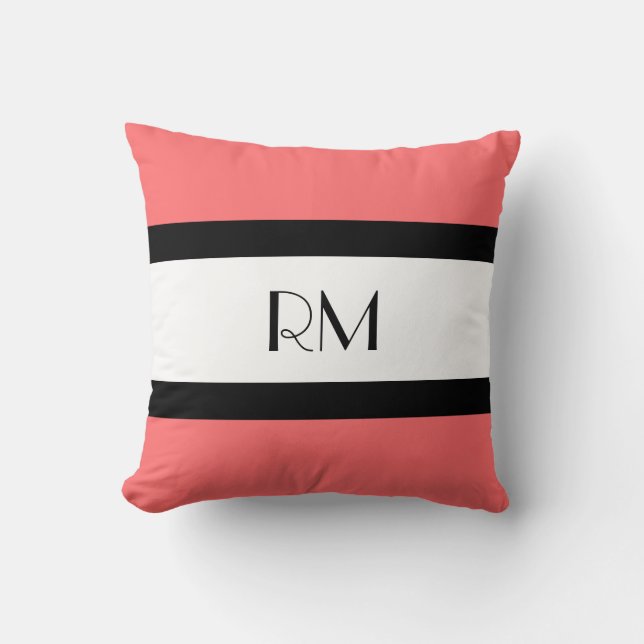 Moderne Chic Coral noir blanc Monogramme Coussin (Recto)