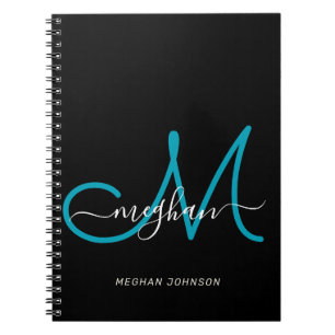 Moderne Chic Noir Turquoise Script Carnet Monogram
