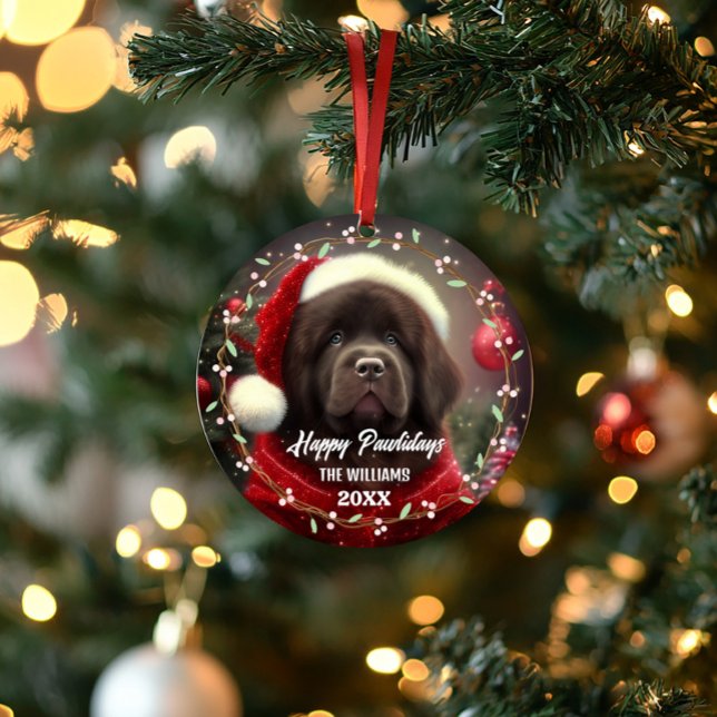 Moderne chien de compagnie mignon Joyeuses Fêtes 2 (Cute pet dog newfoundland my fist christmas photo ornament)
