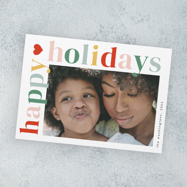 Moderne Coloré vacances heureux Photo Magnet Card (Modern colorful typography happy holidays photo holiday magnetic card.)