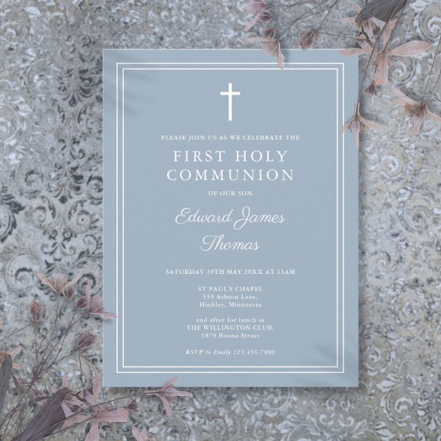 Moderne Dusty Blue First Holy Communion Invitation (Modern Dusty Blue First Holy Communion Invitation Postcard)