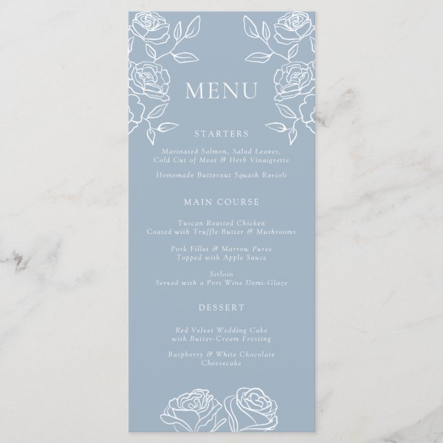 Moderne Dusty Blue Rose Menu Mariage (Devant)