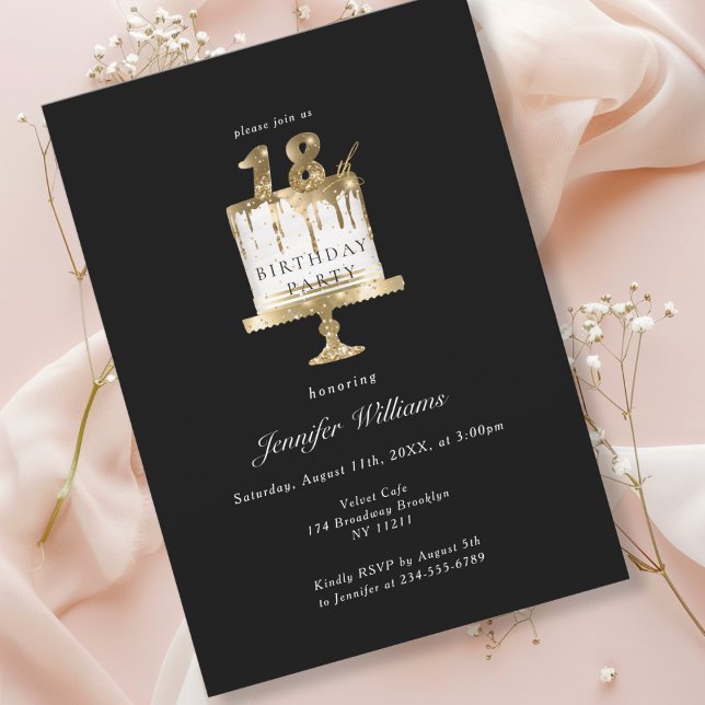 Moderne, élégant 18. anniversaire invitation noire (Modern, elegant, luxury, black & gold, 18. birthday invitation with cake illustration.)