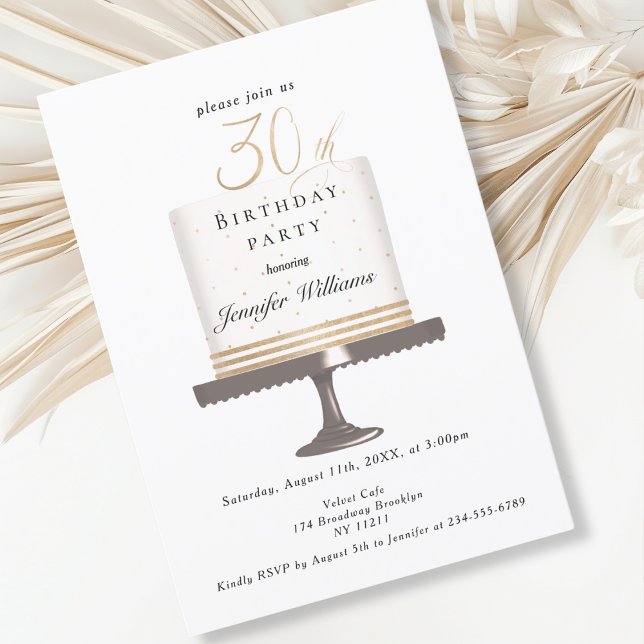 Moderne, élégant 30. invitation anniversaire (Modern, elegant, luxury, white & gold, 30. birthday invitation with cake illustration.)