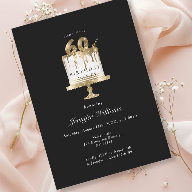 Moderne, élégant 60. anniversaire invitation noire (Modern, elegant, luxury, black & gold, 60. birthday invitation with cake illustration.)