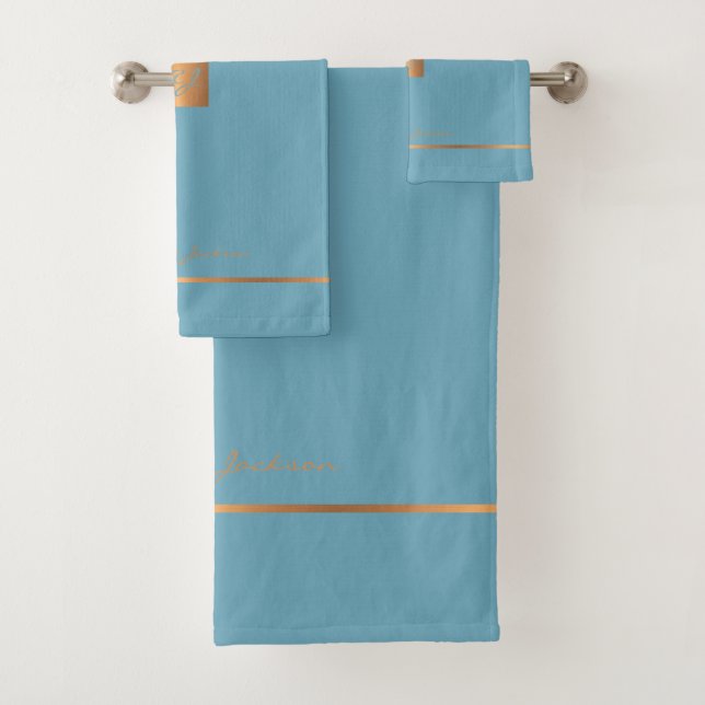 Moderne élégant bleu or chic monogrammé rayures (En situation)