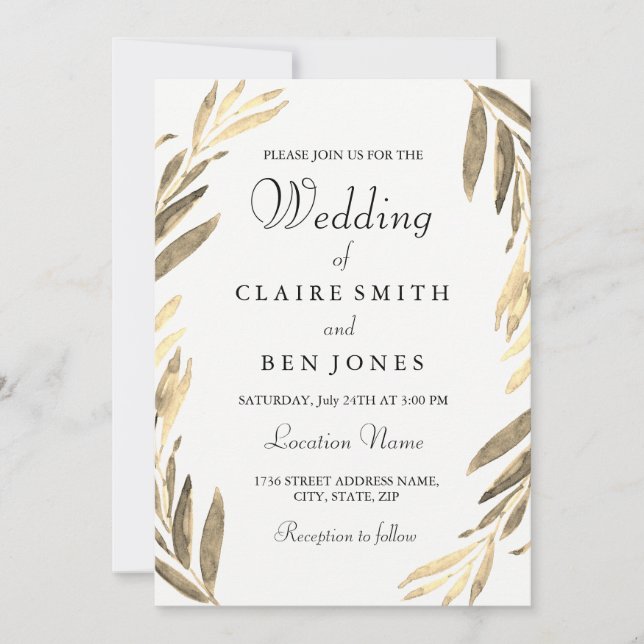 Moderne Elégant Faire-part de mariage feuille d'or (Devant)