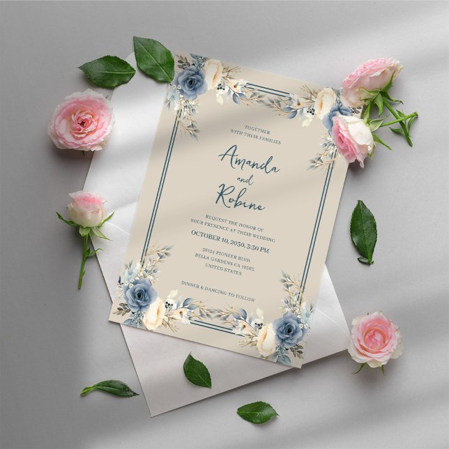 Moderne Elégant Faire-part de mariage Floral Bleu (Créateur téléchargé)