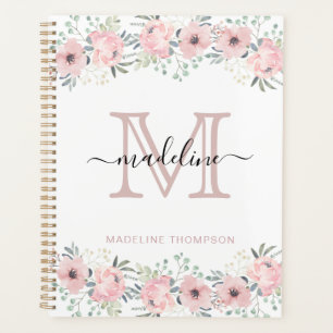 Moderne Elégant Floral Blush Pink Monogram Planne
