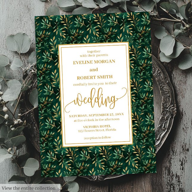 Moderne Emerald Gold Faire-part de mariage (Modern Emerald Gold Greenery Wedding Invitation)