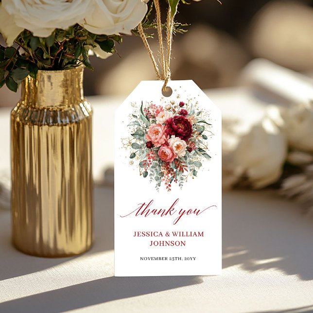 Moderne étiquette de mariage d'automne florale or  (Modern Burgundy Gold Floral Autumn wedding favor tag

)