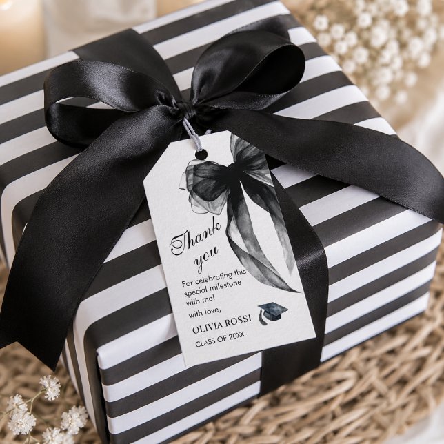 Moderne Étiquette de Remerciement de Diplôme Coque (Elegant Black bow coquette graduation thank you favor tag)