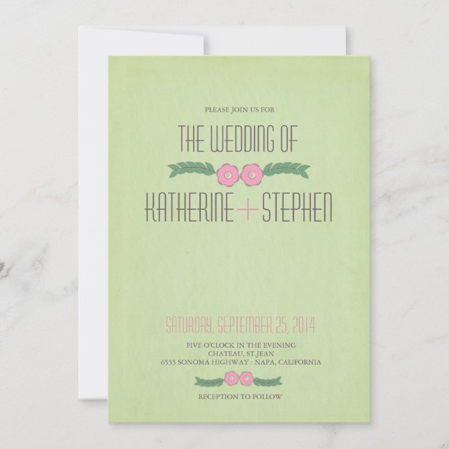 Moderne faire-part de mariage floral vert et rose (Devant)