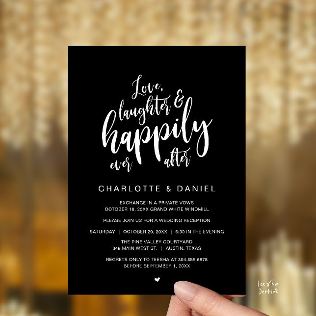 Moderne Faire-Part de Mariage Rustique Happily Eve (Modern Rustic Script Love Laughter and Happily Ever After Wedding Invitation Card in Classy Black)