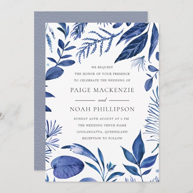 Moderne Feuille Bleue Élégante Invitation Mariage (Devant / Derrière)