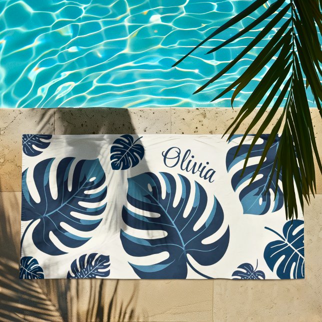 Moderne Feuille de Monstera Bleu & Blanc Serviette (Créateur téléchargé)